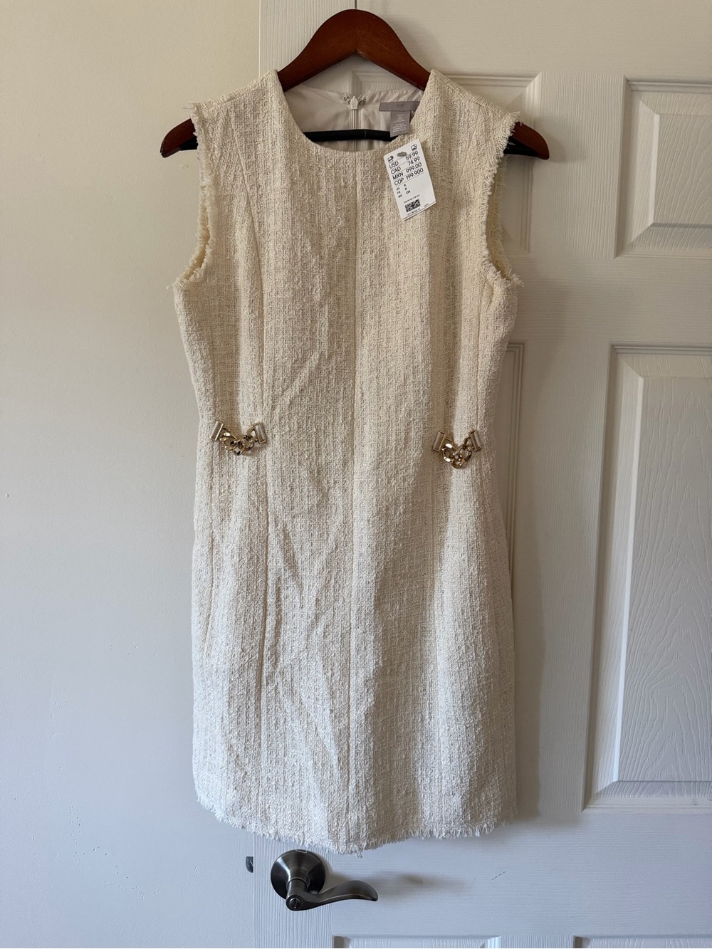 H&M Cream Bouclé Midi Shift Dress with Gold Hardware